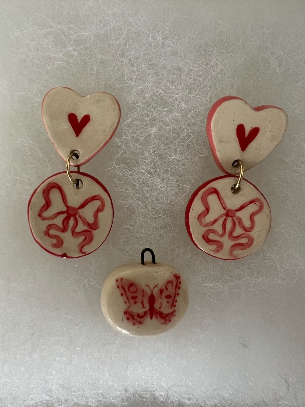 Handmade Ceramic Red Heart & Bow Earrings and Butterfly Charm Set